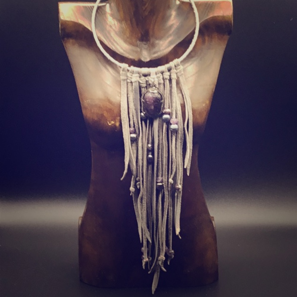 Leather wrapped neck wire with Amethyst Pendant